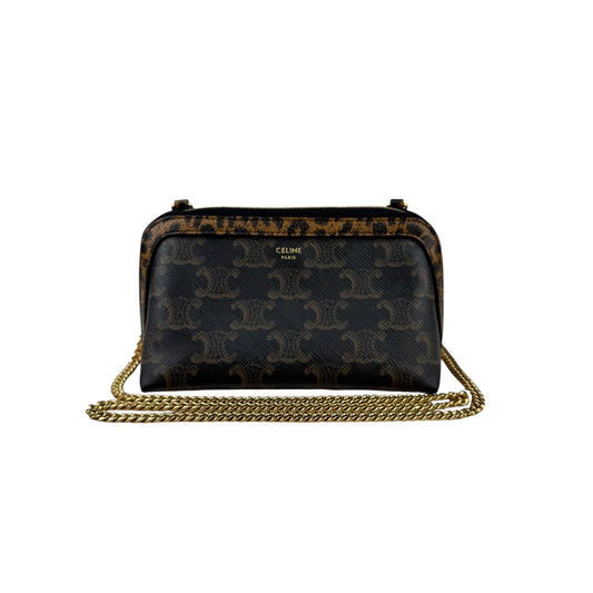 Celine Triomphe Canvas Calfskin Leopard Print Mini Clutch on Chain Black Tan