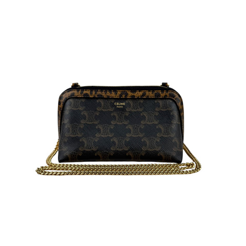 Celine Triomphe Canvas Calfskin Leopard Print Mini Clutch on Chain Black Tan