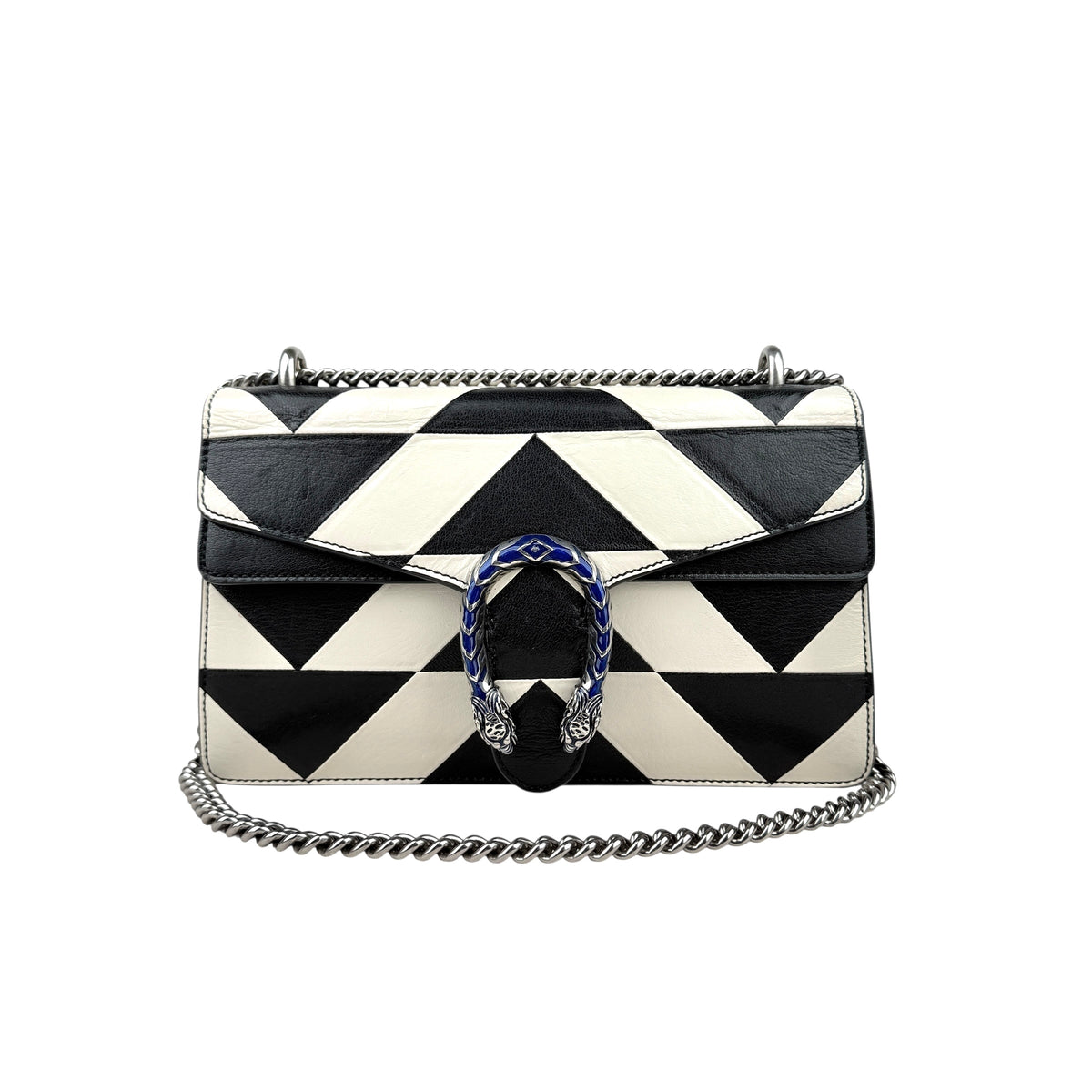 Gucci Dionysus Shoulder Bag – Black & White Geometric Leather with Silver Chain
