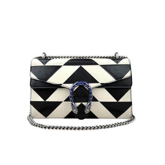 Gucci Dionysus Shoulder Bag – Black & White Geometric Leather with Silver Chain