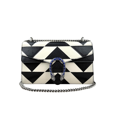 Gucci Dionysus Shoulder Bag – Black & White Geometric Leather with Silver Chain
