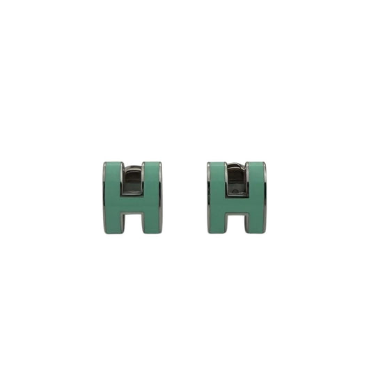 Hermes Pop H Palladium Plated Green Lacquer Stud Earrings