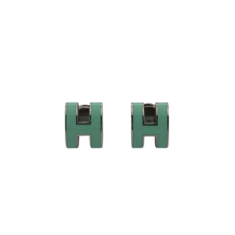 Hermes Pop H Palladium Plated Green Lacquer Stud Earrings