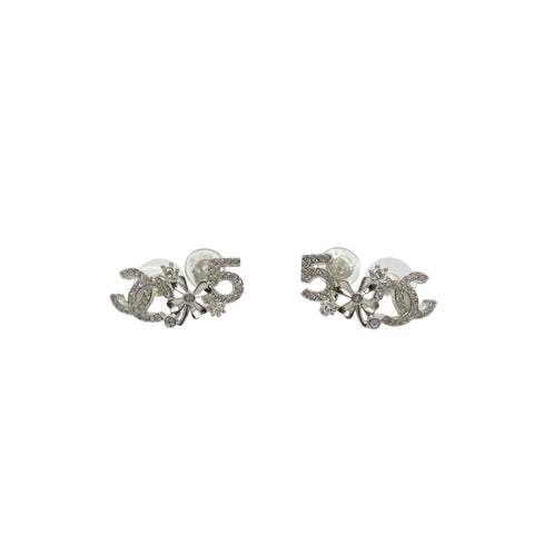 Chanel Silver Metal and Crystal CC No.5 Stud Earrings