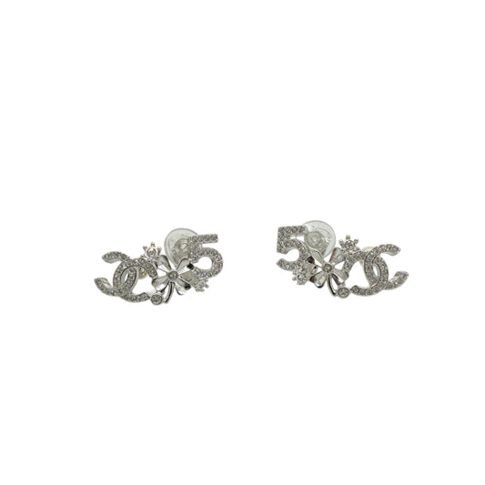 Chanel Silver Metal and Crystal CC No.5 Stud Earrings