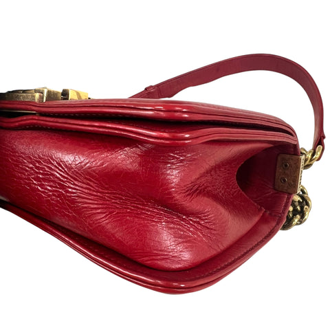 Chanel Red Leather Quilted Medium Boy Bag Flap w/ Gold Chain