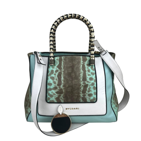Bvlgari handbag in green, white and black leather and grey python