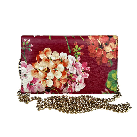 Gucci Red Interlocking G Blooms Leather Wallet on Chain