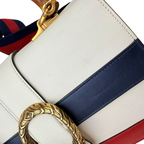 Gucci Calfskin Bamboo Web Medium Dionysus Top Handle Bag White Blue Hibiscus Red