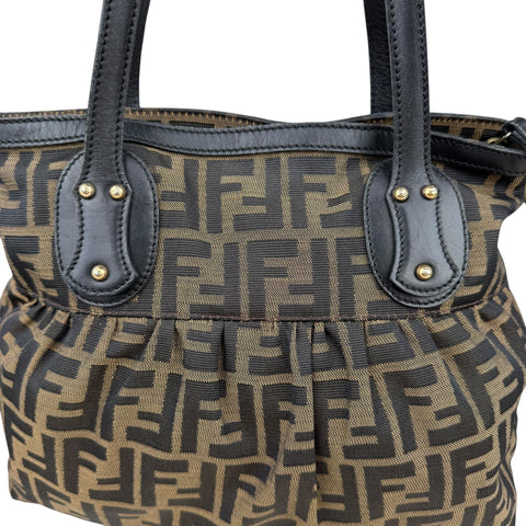 Fendi Brown Pattern Ring Pleat Tote Zucca Canvas Shoulder Bag Medium