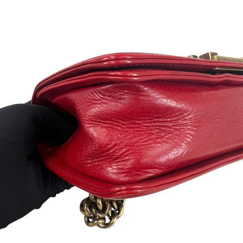 Chanel Red Leather Quilted Medium Boy Bag Flap w/ Gold Chain