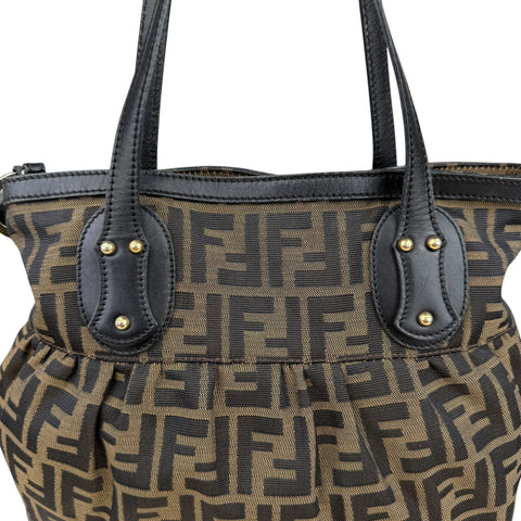 Fendi Brown Pattern Ring Pleat Tote Zucca Canvas Shoulder Bag Medium