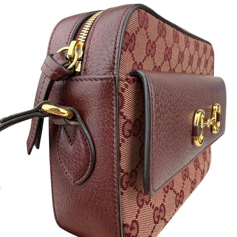 Gucci Horsebit 1955 Burgundy GG Canvas Flap Pocket Camera Crossbody