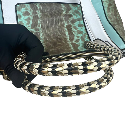 Bvlgari handbag in green, white and black leather and grey python