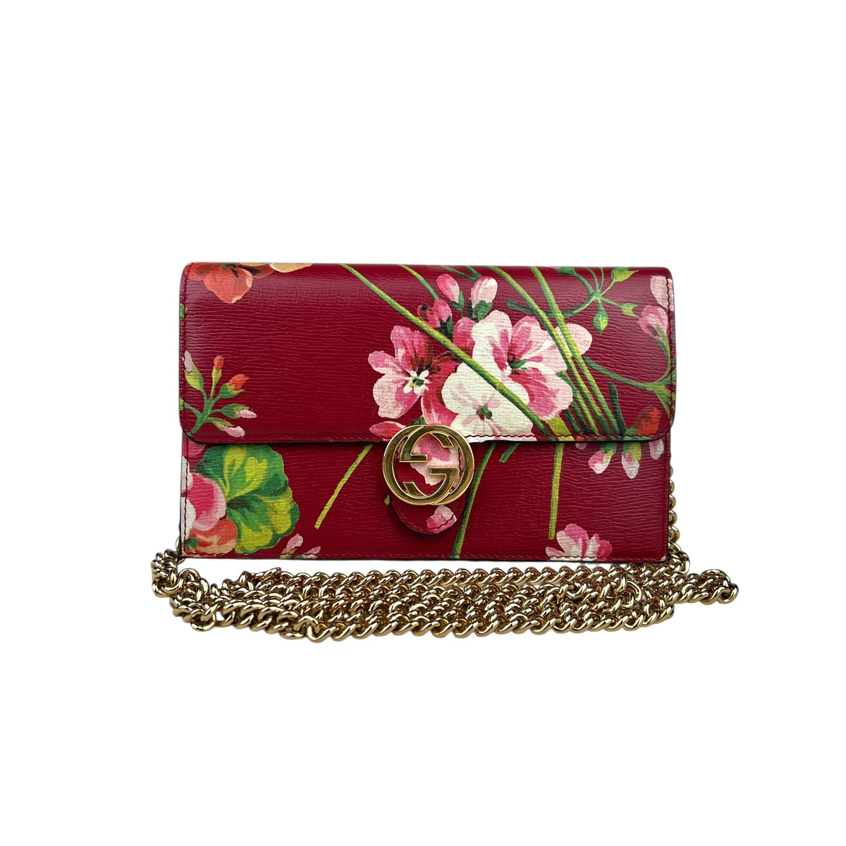 Gucci Red Interlocking G Blooms Leather Wallet on Chain