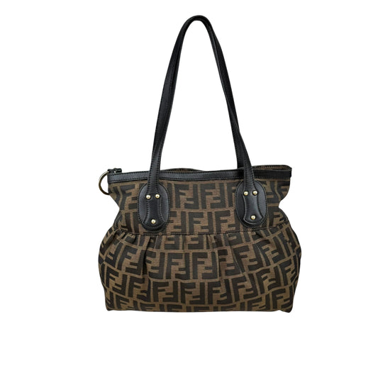 Fendi Brown Pattern Ring Pleat Tote Zucca Canvas Shoulder Bag Medium