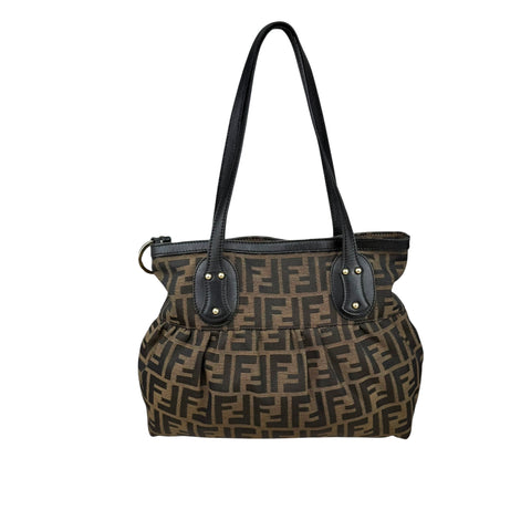 Fendi Brown Pattern Ring Pleat Tote Zucca Canvas Shoulder Bag Medium