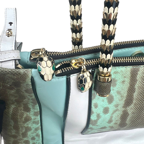 Bvlgari handbag in green, white and black leather and grey python