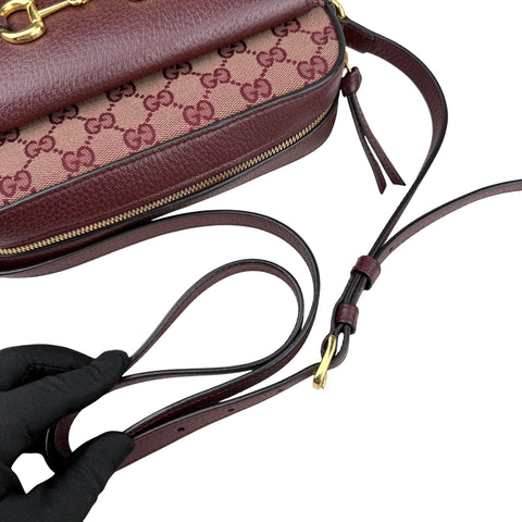 Gucci Horsebit 1955 Burgundy GG Canvas Flap Pocket Camera Crossbody