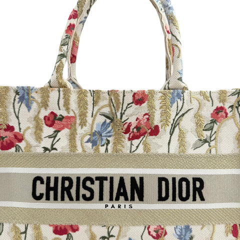 Dior Beige Multicolor Canvas Embroidered Hibiscus Medium Book Tote