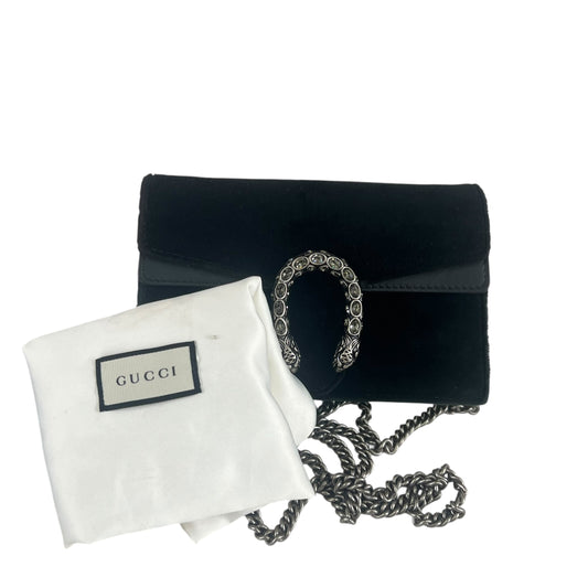 GUCCI Velvet Dionysus Mini Shoulder Bag – Black Suede Silver Chain