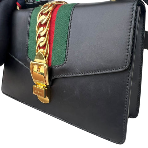 Gucci Sylvie Black Leather Bag Women Handbag