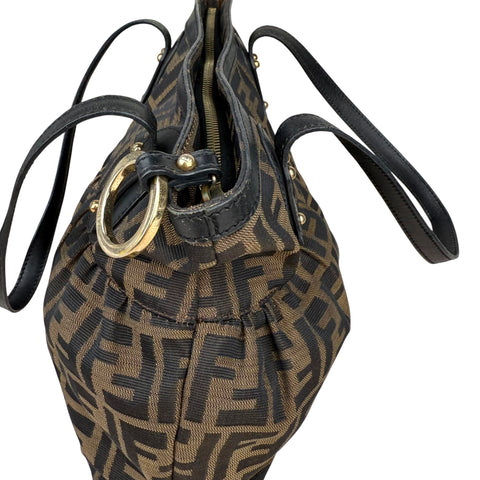 Fendi Brown Pattern Ring Pleat Tote Zucca Canvas Shoulder Bag Medium