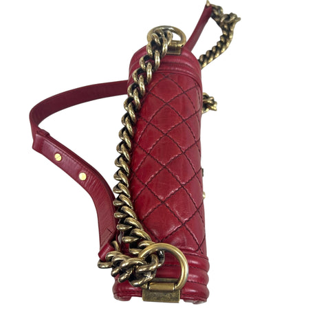 Chanel Red Leather Quilted Medium Boy Bag Flap w/ Gold Chain