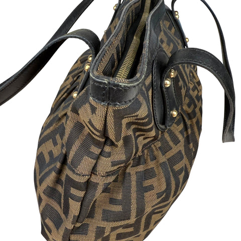 Fendi Brown Pattern Ring Pleat Tote Zucca Canvas Shoulder Bag Medium