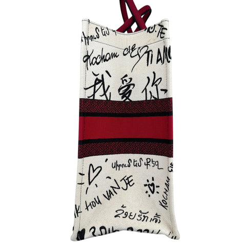 Dior White and Red Embroidered Canvas Dioramour Graffiti Book Tote