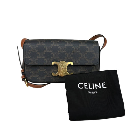 Celine Claude Triomphe Canvas and Calfskin Tan Shoulder Bag