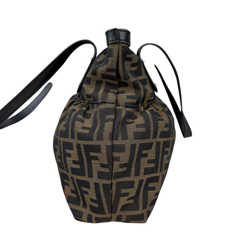 Fendi Brown Pattern Ring Pleat Tote Zucca Canvas Shoulder Bag Medium