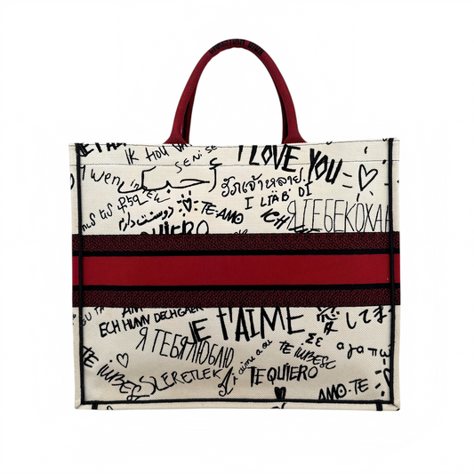 Dior White and Red Embroidered Canvas Dioramour Graffiti Book Tote