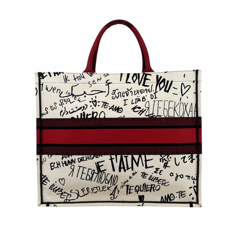 Dior White and Red Embroidered Canvas Dioramour Graffiti Book Tote