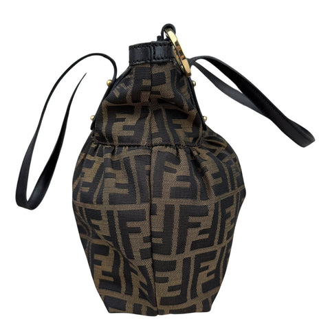 Fendi Brown Pattern Ring Pleat Tote Zucca Canvas Shoulder Bag Medium