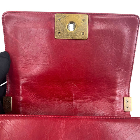 Chanel Red Leather Quilted Medium Boy Bag Flap w/ Gold Chain