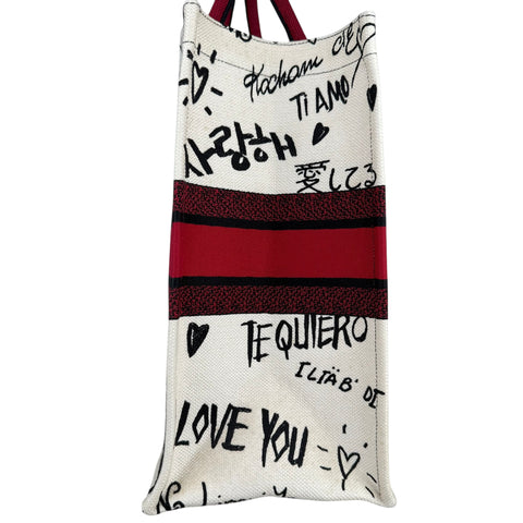 Dior White and Red Embroidered Canvas Dioramour Graffiti Book Tote