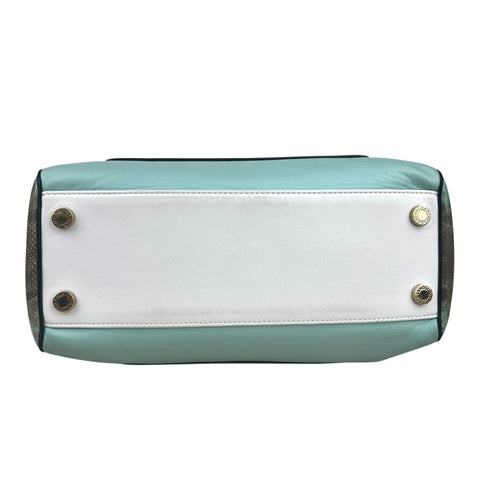 Bvlgari handbag in green, white and black leather and grey python