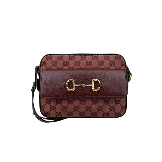 Gucci Horsebit 1955 Burgundy GG Canvas Flap Pocket Camera Crossbody