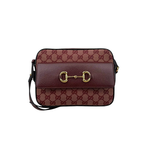Gucci Horsebit 1955 Burgundy GG Canvas Flap Pocket Camera Crossbody