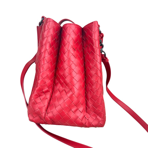 Bottega Veneta Red Intrecciato Woven Nappa Leather Roma Tote Bag