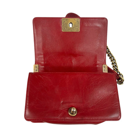 Chanel Red Leather Quilted Medium Boy Bag Flap w/ Gold Chain