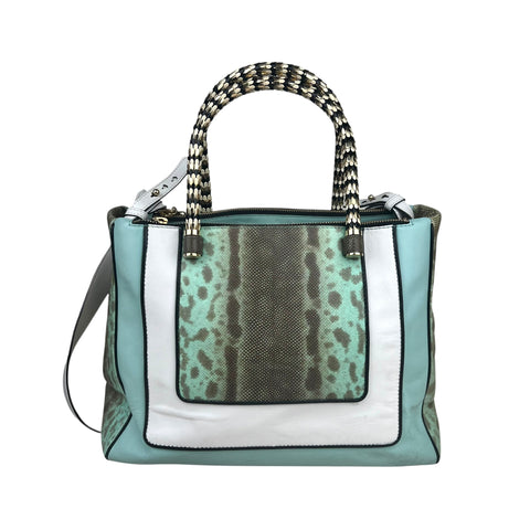 Bvlgari handbag in green, white and black leather and grey python