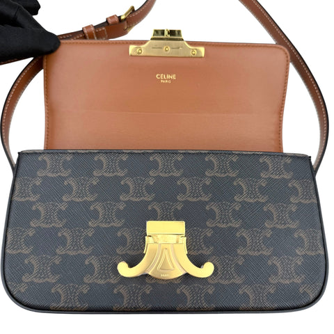 Celine Claude Triomphe Canvas and Calfskin Tan Shoulder Bag