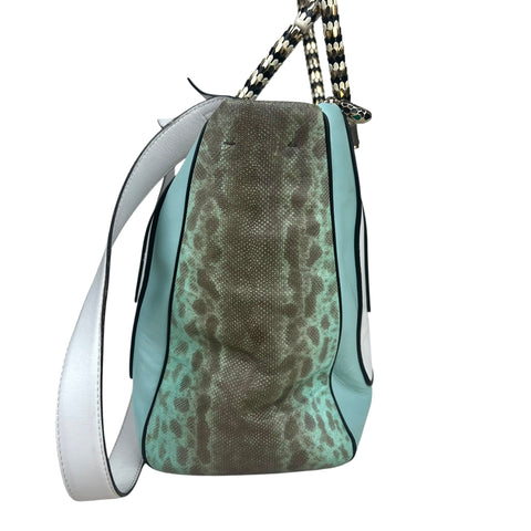 Bvlgari handbag in green, white and black leather and grey python