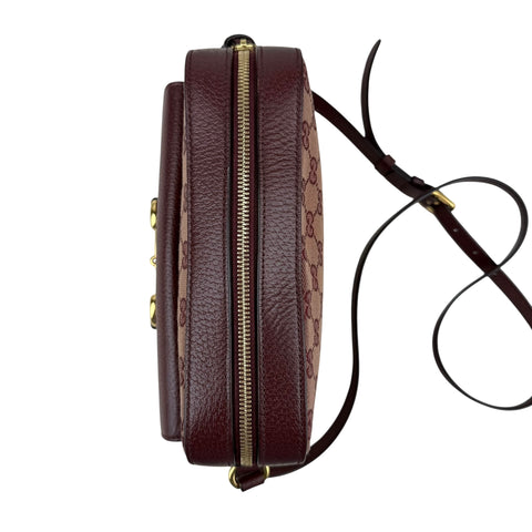 Gucci Horsebit 1955 Burgundy GG Canvas Flap Pocket Camera Crossbody