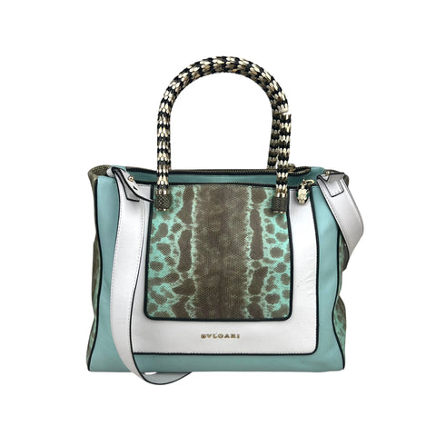 Bvlgari handbag in green, white and black leather and grey python