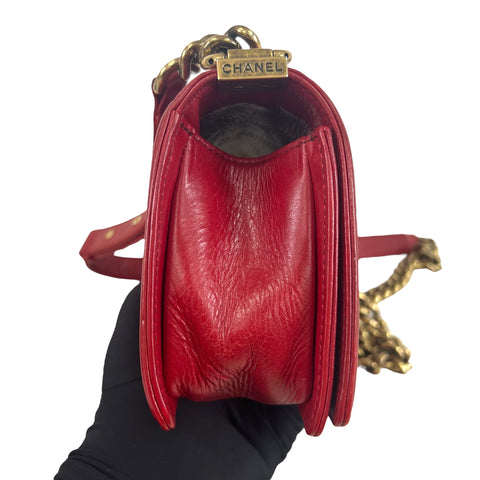 Chanel Red Leather Quilted Medium Boy Bag Flap w/ Gold Chain