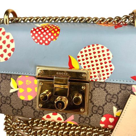 Gucci 2-WAY BAG GG SUPREME APPLE PRINT GG BROWN/BEIGE/BLUE Padlock