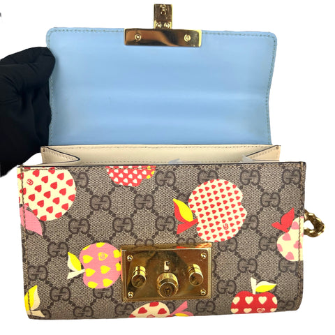 Gucci 2-WAY BAG GG SUPREME APPLE PRINT GG BROWN/BEIGE/BLUE Padlock